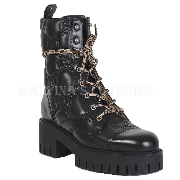 GUCCI BOOTS ANKLE BLACK GG LOGO LEATHER QUILTED LACE-UP sz 39.5 9.5 US - Picture 7 of 16